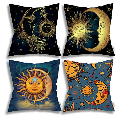 Randell Golden Sun Crescent Moon and Stars Pillow Covers Set of 4 Decorative Art Pillowcase Cushion Covers Zipper 18 x 18 inches