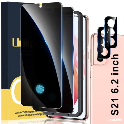 UniqueMe [2+2 Pack Compatible with Samsung Galaxy S21 6.2 inch Privacy Screen Protector and Camera Lens Protector【Support Fingerprint Unlock】 with Easy Installation Tool【Not Glass】【7H Hardness】