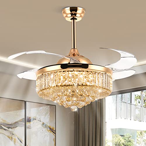 Siljoy Reverse Crystal Ceiling Fans with Light and Remote LED Dimmable Fandelier, Modern 48 Inches Invisible Retractable Ceiling Fan Chandelier for Bedroom Living Dining Room, Gold