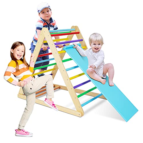 GOME Foldable Climbing Triangle Ladder with Ramp, 2-in-1 Wooden Triangular Climber for Climbing and Sliding, for Children Boys Girls Indoor and Outdoor Use, Toddlers Climbing Toys, Muticolored…