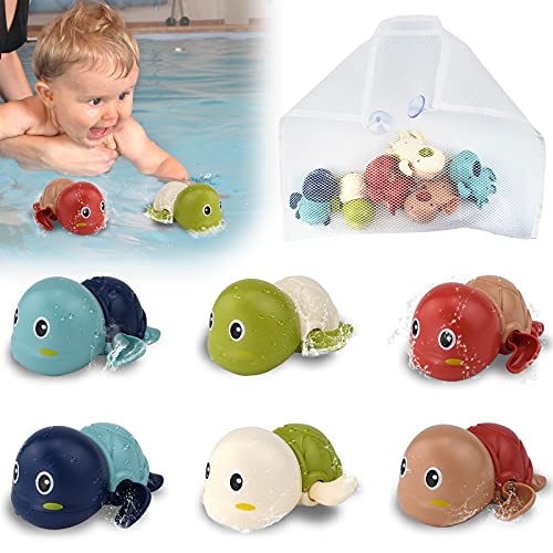 Kendyy Baby Bath Toys Set for Toddlers, Wind Up Swimming Turtle Animal Bathtub Bathroom Pool Beach Floating Toys Birthday 3 4 5 Year Old Boys & Girls Kids (6Pcs +1 Organizer+2 Hooks)