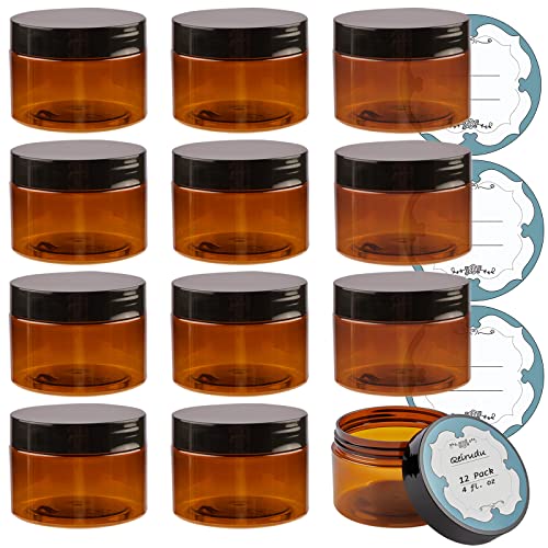 Qeirudu 4 oz Amber Plastic Jars with Lids and Labels, 12 Pack Refillable Empty Round Brown Cosmetic Containers for Beauty Products, Creams, Lotion, Essential oil, Powders and Ointments