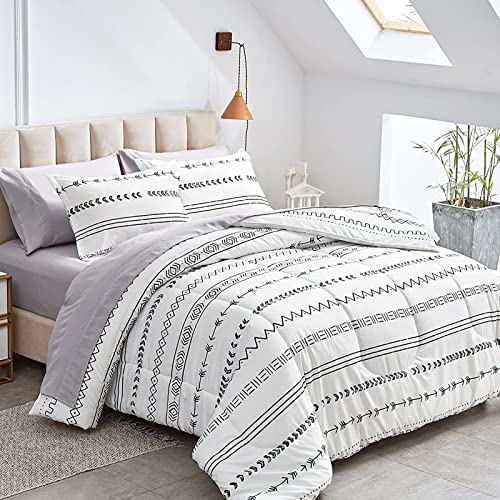 FlySheep Ombre Boho Striped Bed in a Bag 6 Pieces Twin Size, Aztec Geometric Arrows Black and White Comforter Sheet Set (1 Comforter, 1 Flat Sheet, 1 Fitted Sheet, 2 Pillow Shams, 1 Pillowcase)