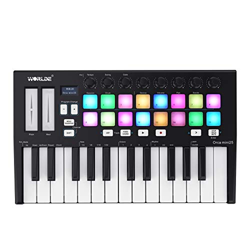 WORLDE 25 Key MIDI Controller, Portable USB MIDI Keyboard Controller, Music Production Equipment with 16 RGB Backlit Trigger Pads 8 Assignable Control Knobs, Black & White