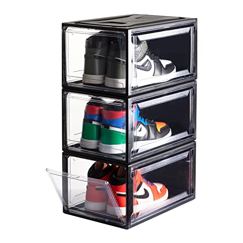 BBYB Shoe Box,Drop Front Shoe Box,Clear Plastic Stackable Storage Bins,Magnetic Transparent Door Clear Storage Bins 3pack (Large, D-Black)