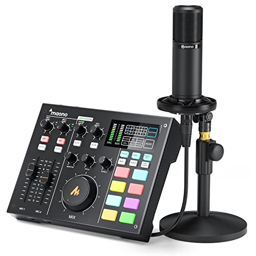 Audio Interface with DJ Mixer and Sound Card, Maonocaster Portable ALL-IN-ONE Podcast Production Studio with XLR Condenser Microphone for Guitar, Live Streaming, PC, Recording, and Gaming (AM100 K1)