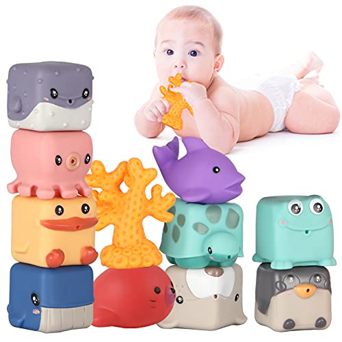 Baby Stacking Toys, Soft Blocks for Baby, Infant Toys 6-12 Months Montessori Toys for Babies,Building Blocks for Girls and Boys, TeethingToy Educational Squeeze Play with Cute Animals 11PCS.Easter toy