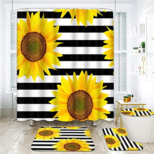 ArtSocket 4 Pcs Shower Curtain Set Sunflowers Striped Black White Flower Yellow Beautiful with Non-Slip Rugs Toilet Lid Cover and Bath Mat Bathroom Decor Set 72″ x 72″