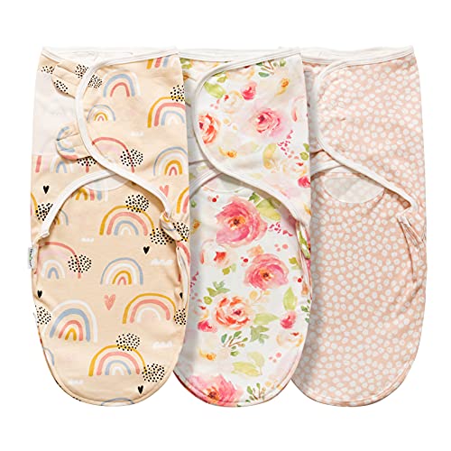 LITTLE TOTS Swaddle Blanket for Baby Girl Boy Easy Change Infant Wrap 3 Pack Adjustable Sleep Sack for Newborn Babies 0-3 Month (Rainbow and Flowers)