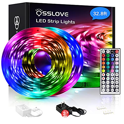 OSSLOVE 32.8ft Led Strip Lights, 5050 RGB LEDs Color Changing Light Strips, Led Lights for Bedroom, Home Decoration, with IR Remote Control, DIY Mode, ETL Listed Adapter(2 Rolls of 16.4ft)