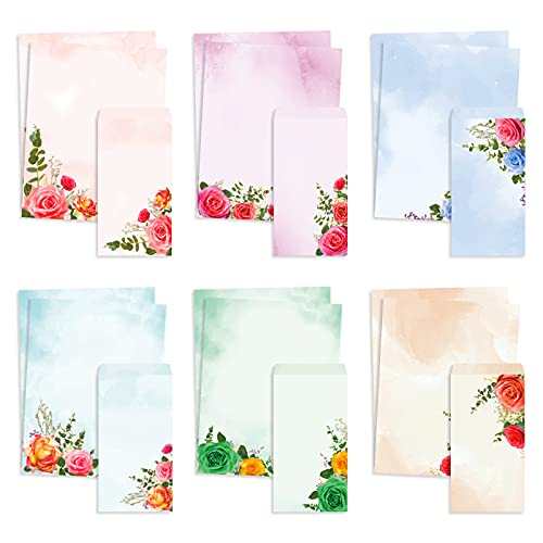 Stationery Paper and Envelopes Set of 48 Watercolor Letter Writing Paper, Decorative Printer Stationery Sheets with Assorted Designs – Double-sided Printing – 8.5 x 11 Inch