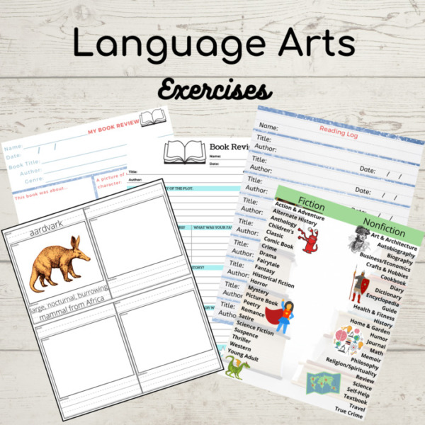 Language Arts Exercises: Book Reviews, Reading Log, Genre Reference Guide, Word of the Day