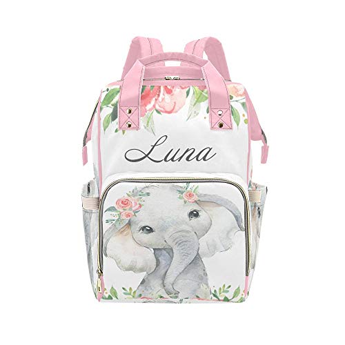 Personalized Watercolor Floral Elephant Diaper Bag Backpack Name Custom Mommy Baby Bags Casual Travel Daypack for Mom Gifts