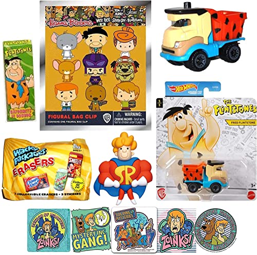 Hot Wheels Fred Mobile Flintstones Bedrock Car Stone Age Bundled with Character Figure Schoolhouse Rock Magnet! + WB Cartoon Hanger Jetsons + Wacky Pack Minis & Scooby Stickers 4-Items