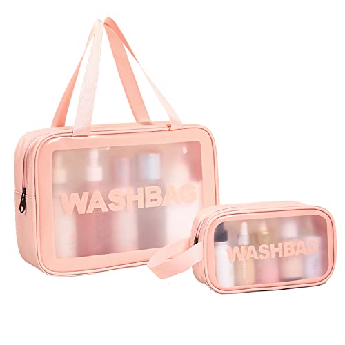 Cosmetic bag 2 pack small and large makeup bag,Travel Bags for Toiletries Transparent Makeup Bags with Zipper and Handle,pink