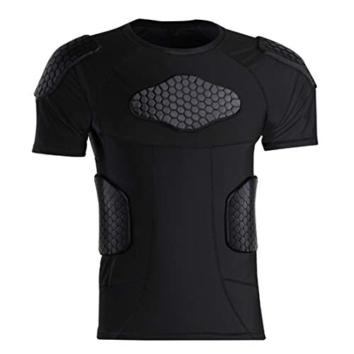 Men’s Protective Gear Chest Rib Shoulder Back Guards Sports Shock Rash Guard Compression Padded Shirt for Baseball Football Soccer Rugby Volleyball Bicycle L Black