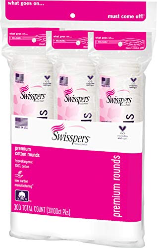 Swisspers Premium 100% Natural Cotton Rounds, Hypoallergenic, Reclosable Bags, 100-Count Bags, 3-Pack (300 Count Total)