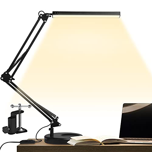 GUUKIN LED Desk Lamp with Clamp and Round Base , Eye Caring Table Lamp with Swing Arm, 3 Color Modes 10 Brightness Levels, Memory Function