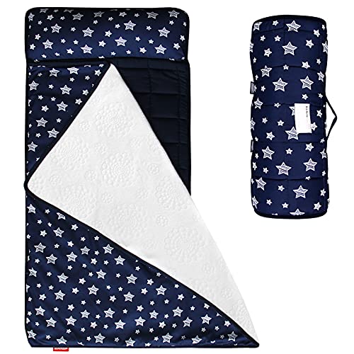 Moonsea Toddler Nap Mat Navy, Removable Pillow and Fleece Minky Blanket, Lightweight and Soft Perfect for Kids Preschool, Daycare, Travel Sleeping Bag for Boys, 21″ x 50″ Fit on a Standard Cot