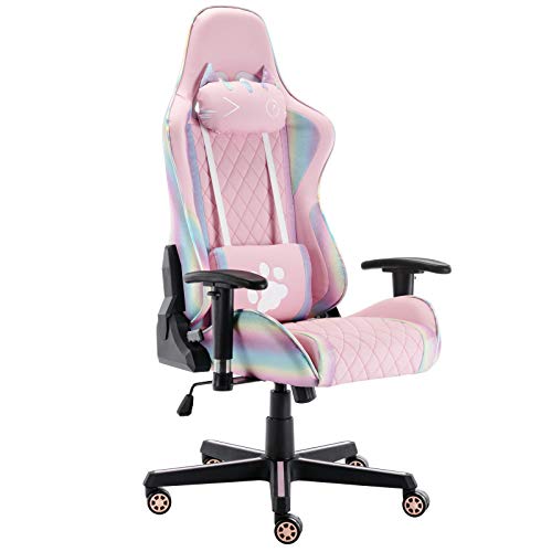 chairus Pink Gaming Chair PU Leather High Back Computer Chair Ergonomic Racing Office Desk Chairs with Headrest, Lumbar Support and 2D Armrest, Reclining Gaming Chairs with Black Base