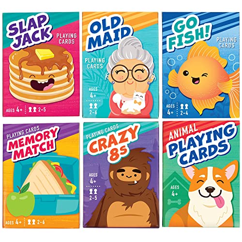 LotFancy Card Games for Kids, 6 Decks, Include Go Fish, Old Maid, Crazy Eights, Memory Match, Slap Jack, Animal Playing Cards