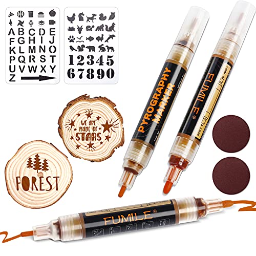 FUMILE Wood Burning Pen Set 9PCS with 3 Scorch Pen Marker, 2 Wood Chips, 2 Frosted Cloth, 2 Hollow Mold for DIY Wood Painting,Suitable for Artists and Beginners in DIY Wood Project.