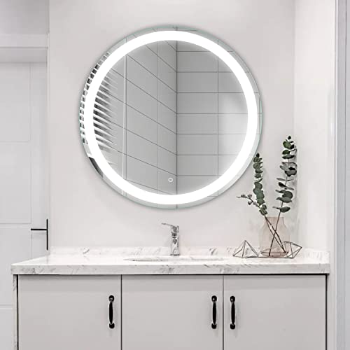 YRSHA 32 inch Round Lighted Mirror LED Bathroom Vanity Mirror Anti-Fog Wall Mounted Mirror with Dimmable Memory Touch Switch,3000K/4200K/6400K Color Temperature,IP44 Waterproof,CRI>92