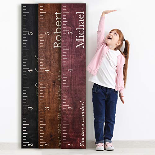 Personalized Wooden Height Growth Chart Ruler for Kids, Boys & Girls w Name | 3 Designs, 5 Various Wood Colors | Nursery Hanging Wall Decor, Unique Baby Shower Newborn Gift, Wood Measure