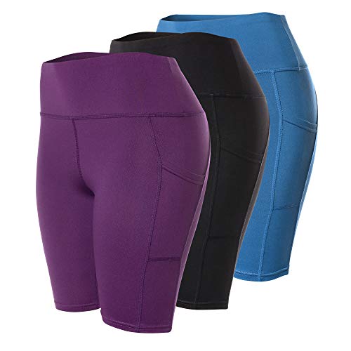 3 Pack High Waisted Shorts for Women Bike Athletic Gym Workout Yoga Running Premium Buttery Soft Tummy Control Shorts with Pockets (Large, 3P212-Black-Blue-Purple)