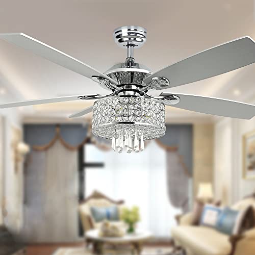 Depuley 52″ Crystal Ceiling Fan with Lights, Modern Chandelier Chrome Ceiling Fans with 5 Reversible Wood Blades, LED Ceiling Fan with Remote for Living Room, 3-Speed, Timing(3*E12 Bulb Sockets)