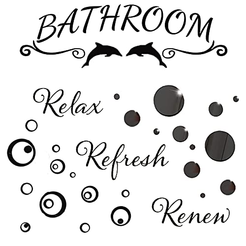 JYHF Acrylic Circle Mirror Wall Decor Stickers for Bathroom Wall Decals Peel and Stick,Circle,Words and Quotes Saying Relax Refresh Renew, Bathroom Wall Stickers Waterproof for Art Home Decoration(Black)