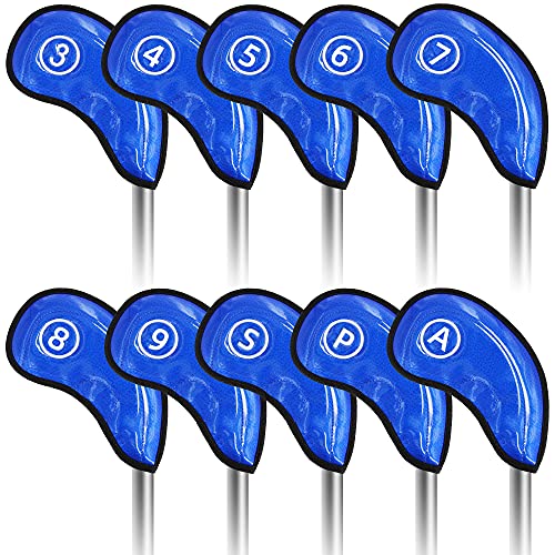 10pcs Golf Iron Head Covers Set PU Leather Club Headcovers Fit Callaway Ping Taylormade Cobra for Man Women 3-9/A/P/S (Blue)