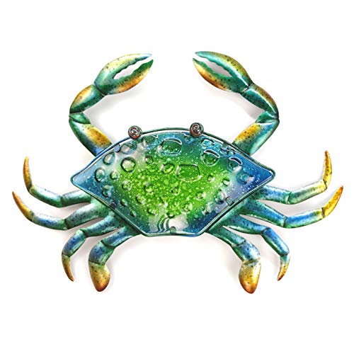 JOYBee 17.2Inch Large Metal Crab Wall Art Decor,Decoration for Outdoor Indoor,Nautical Hanging Art Blue Green Stained Glass with Metal for Garden Pool Patio Balcony Kitchen or Bathroom