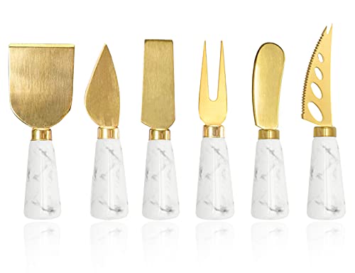 Golden Cheese Knife Set 6 Piece, Marble Handle Butter Spatula Knives, Cheese Spreader Cutter with Ergonomic Ceramic Handle, Cheese Shaver and Fork for Birthday, Wedding, Party (White)