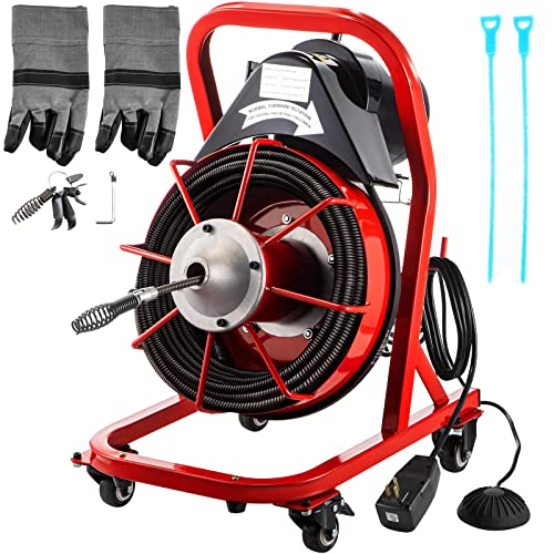 VEVOR Electric Drain Auger, 50′ x 3/8″, 250W Sewer Snake Machine Fit 2”- 4” Pipes, Hair Clog Remover for Bathroom Shower Pipe Drain, Bathtub Hair Clogs, Kitchen Sink Drain Cleaning