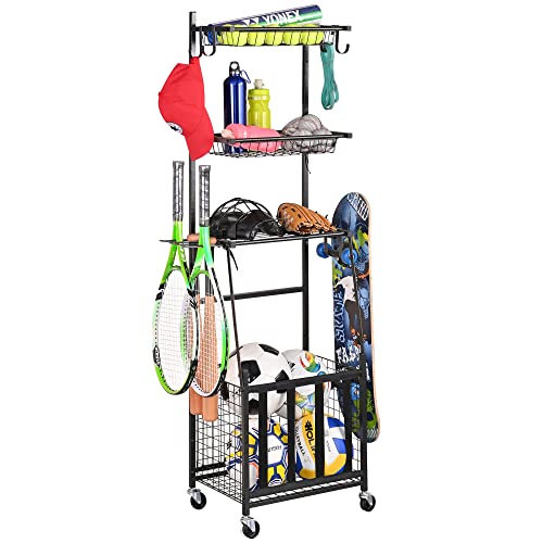 PLKOW Sports Equipment Storage for Garage, Indoor/Outdoor Sports Rack for Garage, Ball Storage Garage Organizer with Basket and Hooks,Toy/Sports Gear Storage
