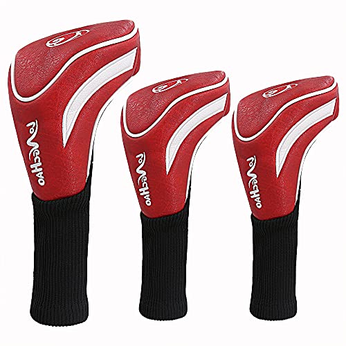 3pcs Golf Head Covers Club PU Leather Headcover Set for Drivers Fairway Woods Hybrid Fit Oversized Club Men Women (Red-1# 3# 5#)