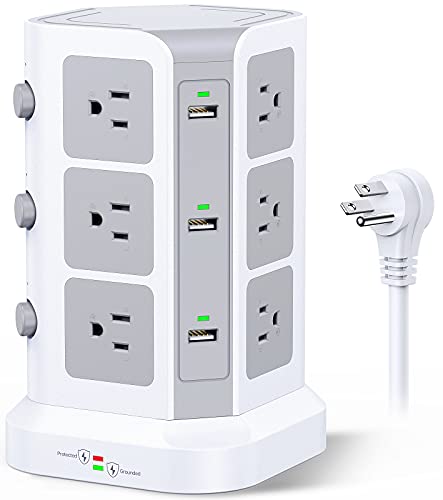 Power Strip Tower by KOOSLA, [15A 1500J] Surge Protector – 12 AC Multiple Outlets & 6 USB Ports, Flat Plug 14 AWG Heavy-Duty Extension Cord 6.5ft, Home Office Supplies, Dorm Room Essentials White