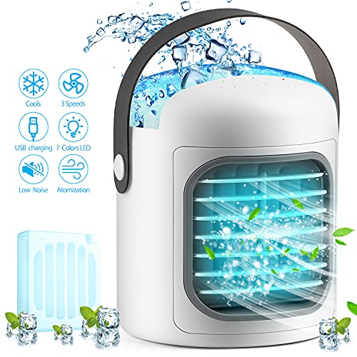 Portable Air Conditioner 4 in 1 Personal Air Cooler Fan with 4 Ice Tray USB Rechargeable Mini Quiet Evaporative Humidifier with 7 LED Light Battery Operated 3 Wind Speed Desktop Cooler for Home/Office