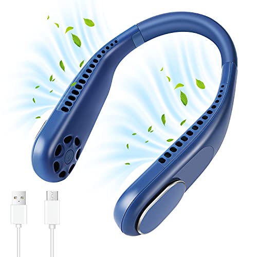 LEXSO Portable USB Neck Fan, Hanging Personal Fan Bladeless Neck Cooler, 4000 mAh Battery Operated Wearable Rechargeable USB Fan,Quiet Wearable Headphone Neck Air Conditioner 3 Speeds-Blue