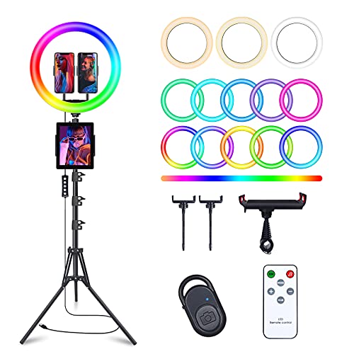13″ Selfie Ring Light with 63″ Tripod Stand & 3 Phone Holder, LED Camera Ringlight with 48 RGB Colors Modes & Musical Rhythm Mode and 12 Brightness Dimmable for Makeup/Photography/Videos/Vlog/TikTok