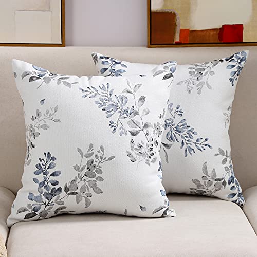 Btyrle Leaf Branch Jacquard Throw Pillow Covers 18×18 Inch Set of 2 Decorative Leaf Pillowcases Square Cushion Covers for Couch, Blue/Grey Leaf