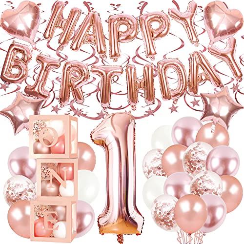 First Birthday Balloon Boxes Decorations for Girl, 72Pcs 1st Birthday Party Decorations Includes Rose Gold Transparent Boxes Baby Rose Gold Balloons 40 Inch Foil Balloons 18 Inch “HAPPY BIRTHDAY” Foil Balloon Hanging Swirls suit for Birthday Photo Shoot P