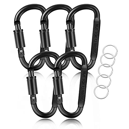 RCHQOUTOR Aluminum Carabiner Clips 5PCS Black D Shape, Carabiner Hooks with 5PCS Nickel Plated Key Rings Alloy Keychain Buckles