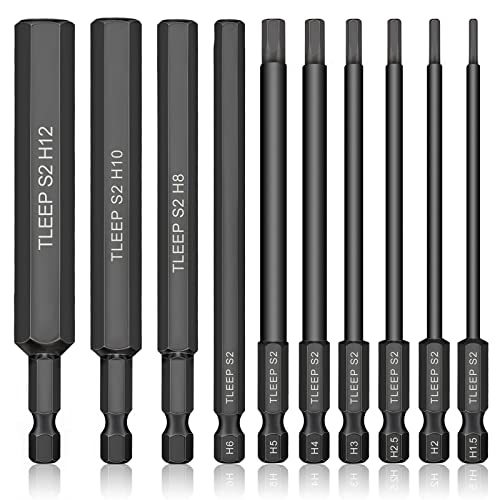 TLEEP 10 x 1/4 Inch Hex Head Allen Wrench Drill Bits Long 100MM, Big 12mm to Small 1.5mm, Metric, S2 Steel Magnetic Tips Screwdriver Socket Bit Set for Ikea Type Furniture, Black