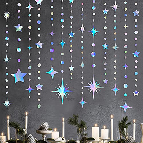 Iridescent Party Decorations Star Circle Dot Paper Garland Banner Bunting Streamer Metallic Hanging Twinkle Star Decoration for Kids Birthday Baby Shower Wedding Festival Engagement Sweet 16 Decor
