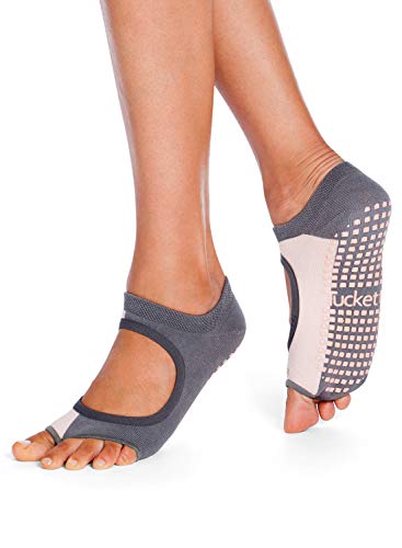 Tucketts Allegro Toeless Non-Slip Grip Socks – Anti Skid Yoga, Barre, Pilates, Home & Leisure, Pedicure – L/XL – 1 pair Vertical Grey-Blush