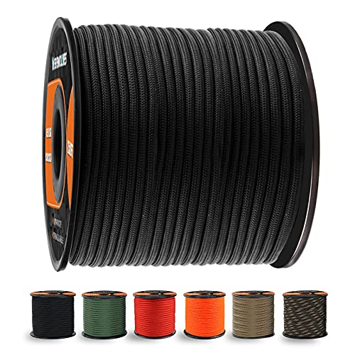 650lb Paracord/Parachute Cord – 9 Strand Paracord Rope – 100′, 200′ Spools of Parachute Cord, Type III Paracord for Camping, Hiking and Survival (Black, 100 Feet)
