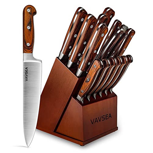 Knife Set, VAVSEA 16 PCS Kitchen Knife Set with Block Stainless Steel Professional Chef Knife Sets with 6 Pieces Steak Knives, Bread Knife, Sharpener Rod, Scissors, Ultra Sharp