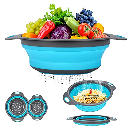 Collapsible Colander Basket 2 of Set，Vegetables Fruit Washing Basket Drain Tool，Small & Big Size Silicone Telescopic Colander with Handle For Kitchen/Home/Restaurant Round Shape 3 Color(Blue)